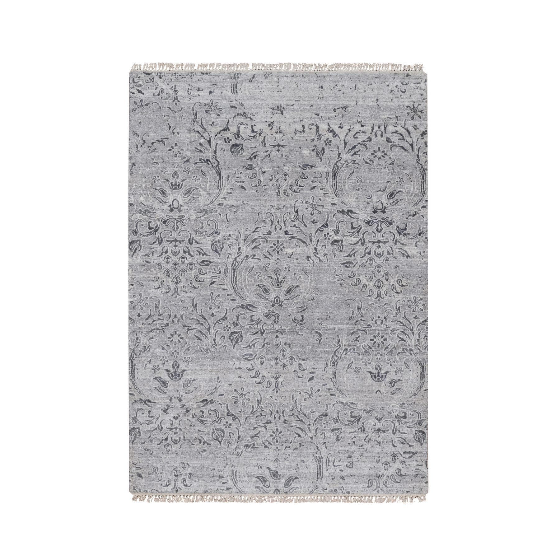 4'x5'10" Cloud Gray, Damask Design, Hand Knotted, Wool and Plant Based Silk, Tone on Tone, Oriental Rug 